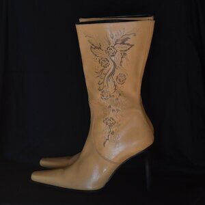 Mayis Embossed Tan Coloured High Heeled Leather Boots - Italy